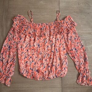 Ramy Brook Coral and Navy Off-Shoulder Blouse